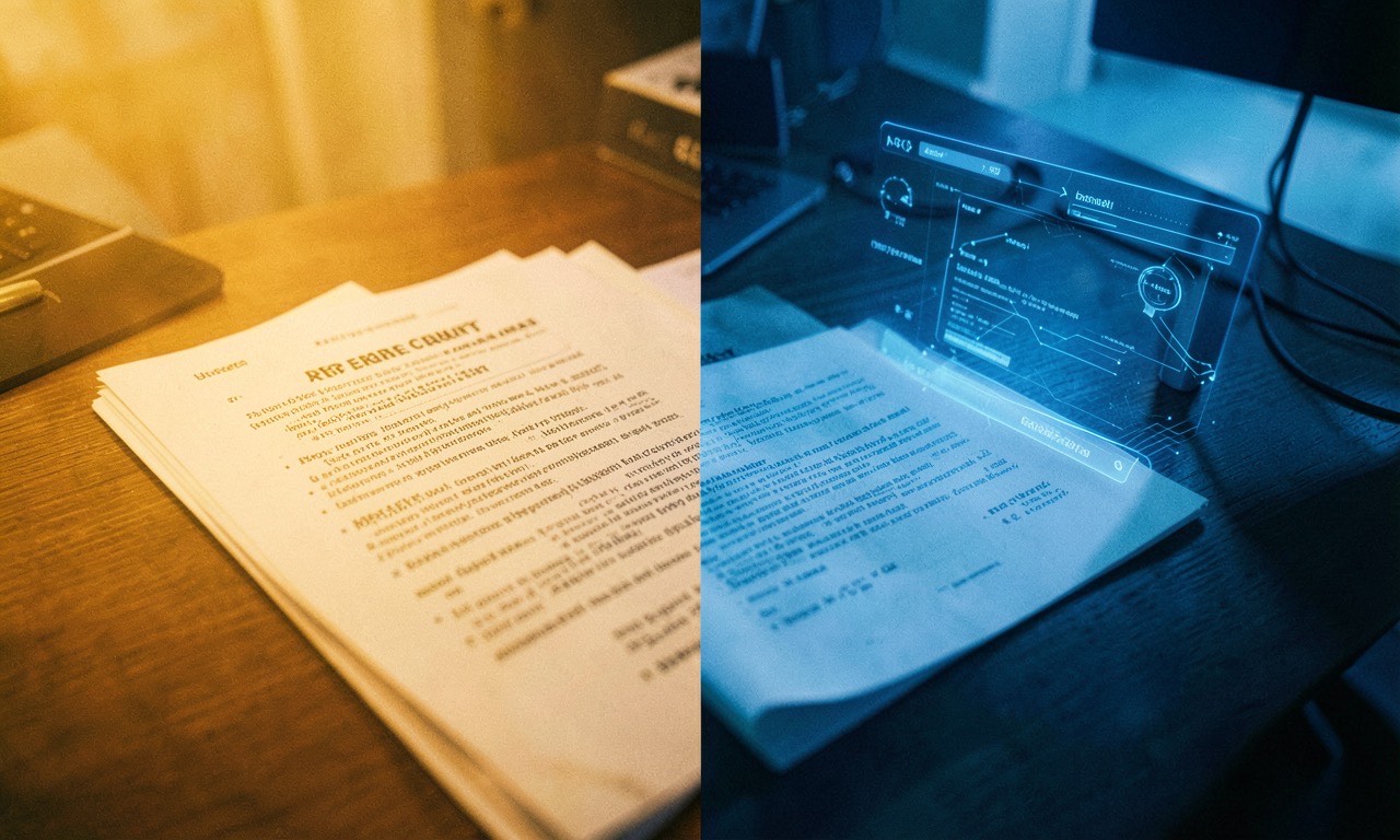 A resume document on a desk with an AI interface scanning it, warm versus cold lighting split, documentary style