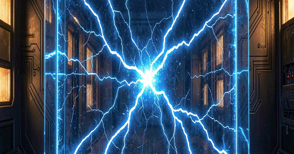 A glowing digital containment barrier with cracks spreading across its surface, bright electric blue light escaping through the fractures