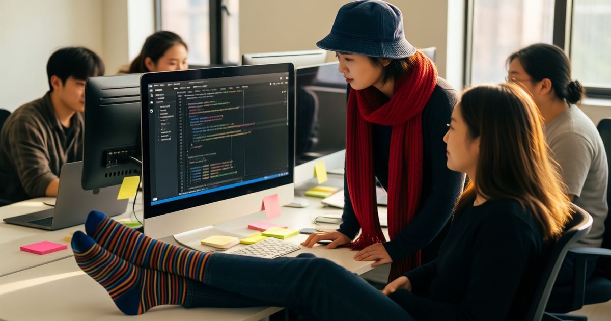 A young software engineer in a bucket hat and a woman engineer with a red scarf examining code on office monitors in a five-person startup, laptops and sticky notes, one person in odd striped socks resting feet on a chair, warm afternoon light, documentary editorial photography