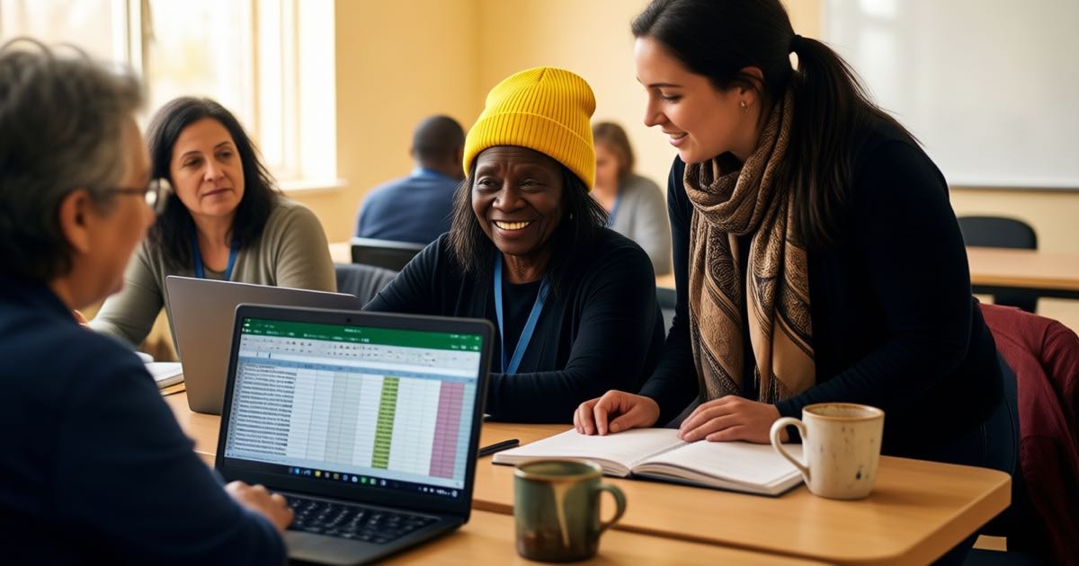Adult women of mixed ages and ethnicities at laptops in a bright community training room during an evening AI skills class, an older woman in a yellow beanie smiling at her screen, notebooks and mismatched mugs on desks, warm natural window light, documentary editorial photography