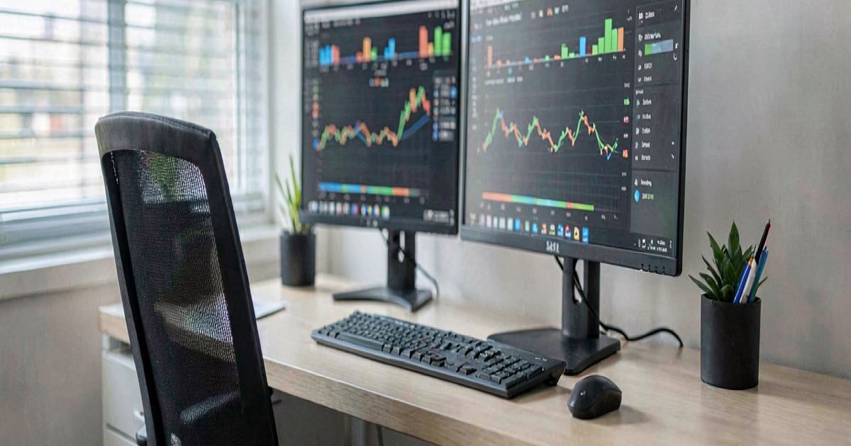 A modern financial office with dual monitors showing data dashboards, an empty chair suggesting workforce transition, natural light, documentary style