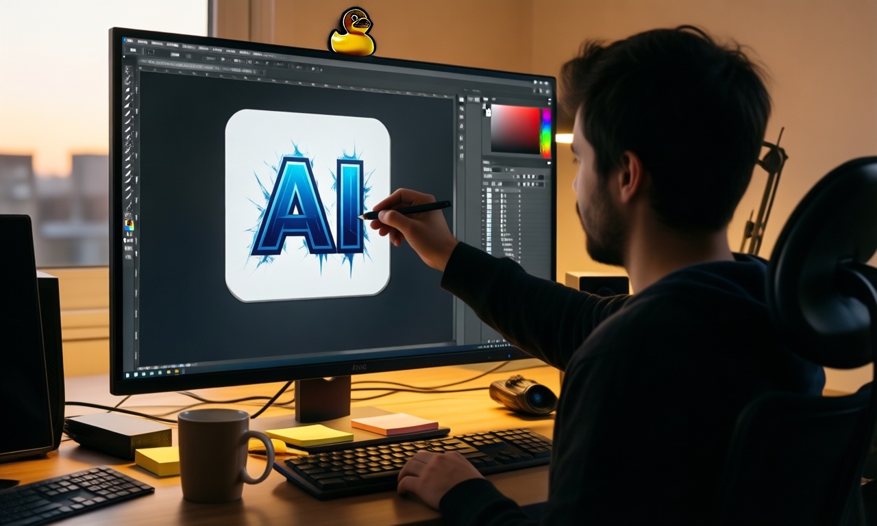 A freelance designer retouching a flawed AI-generated logo on a large monitor at a home studio desk, natural window light, documentary style