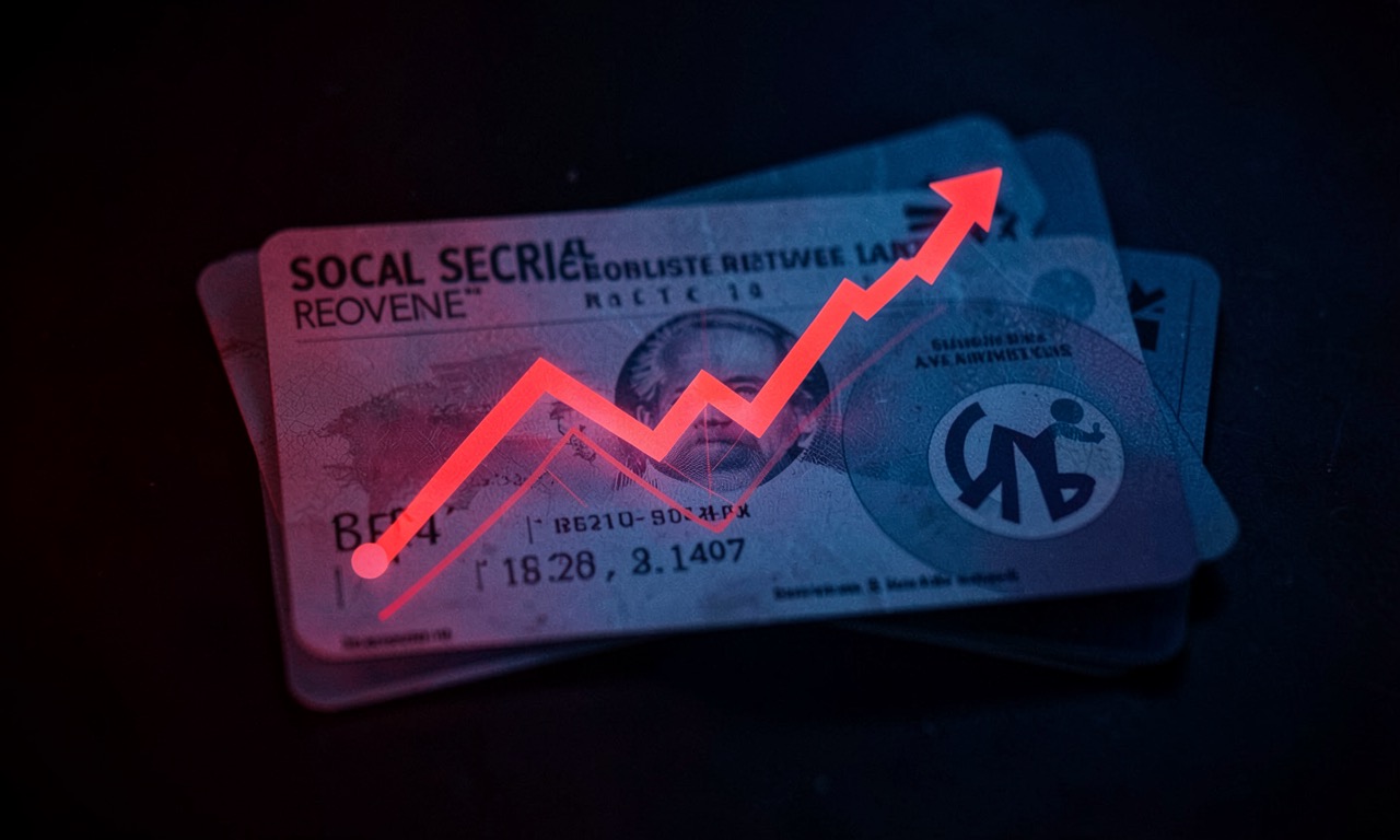 Abstract data visualization of declining revenue overlaid on Social Security card, red and blue tones