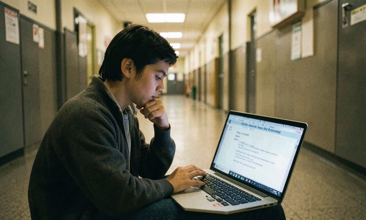 A school hallway with a student looking at a laptop screen showing feedback text, warm but ambiguous lighting, documentary style