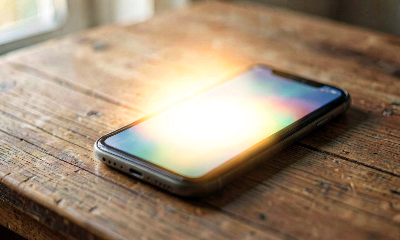 A smartphone screen on a wooden desk showing a glowing sparkle icon above an AI chat interface, soft natural lighting, editorial photography.