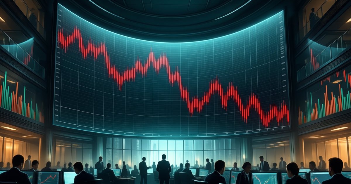 A dark financial trading floor with a large curved wall display showing a steep red descending line chart, silhouetted traders lit by screen glow