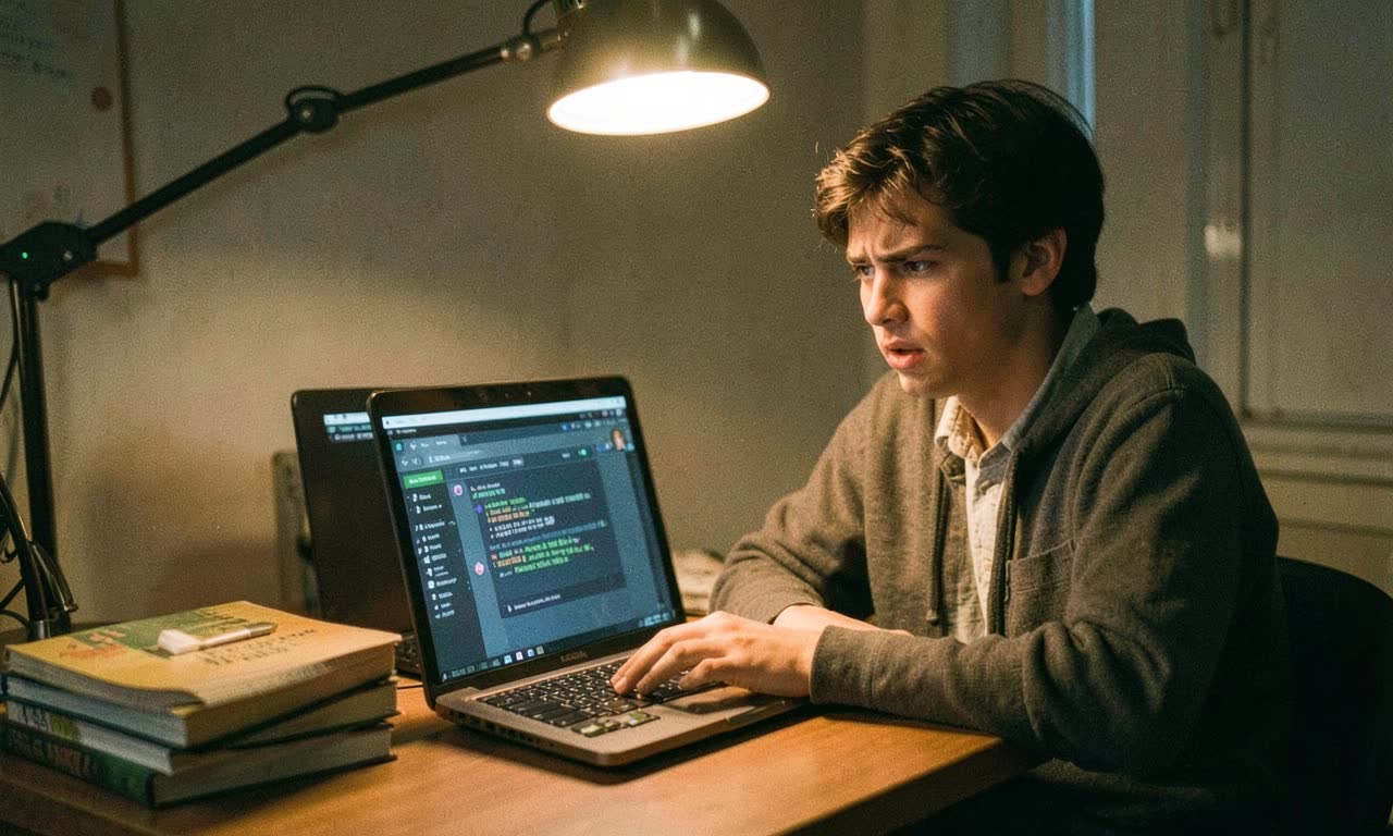 A student at a desk with a laptop showing an AI chat interface, looking frustrated, warm overhead lighting, documentary style