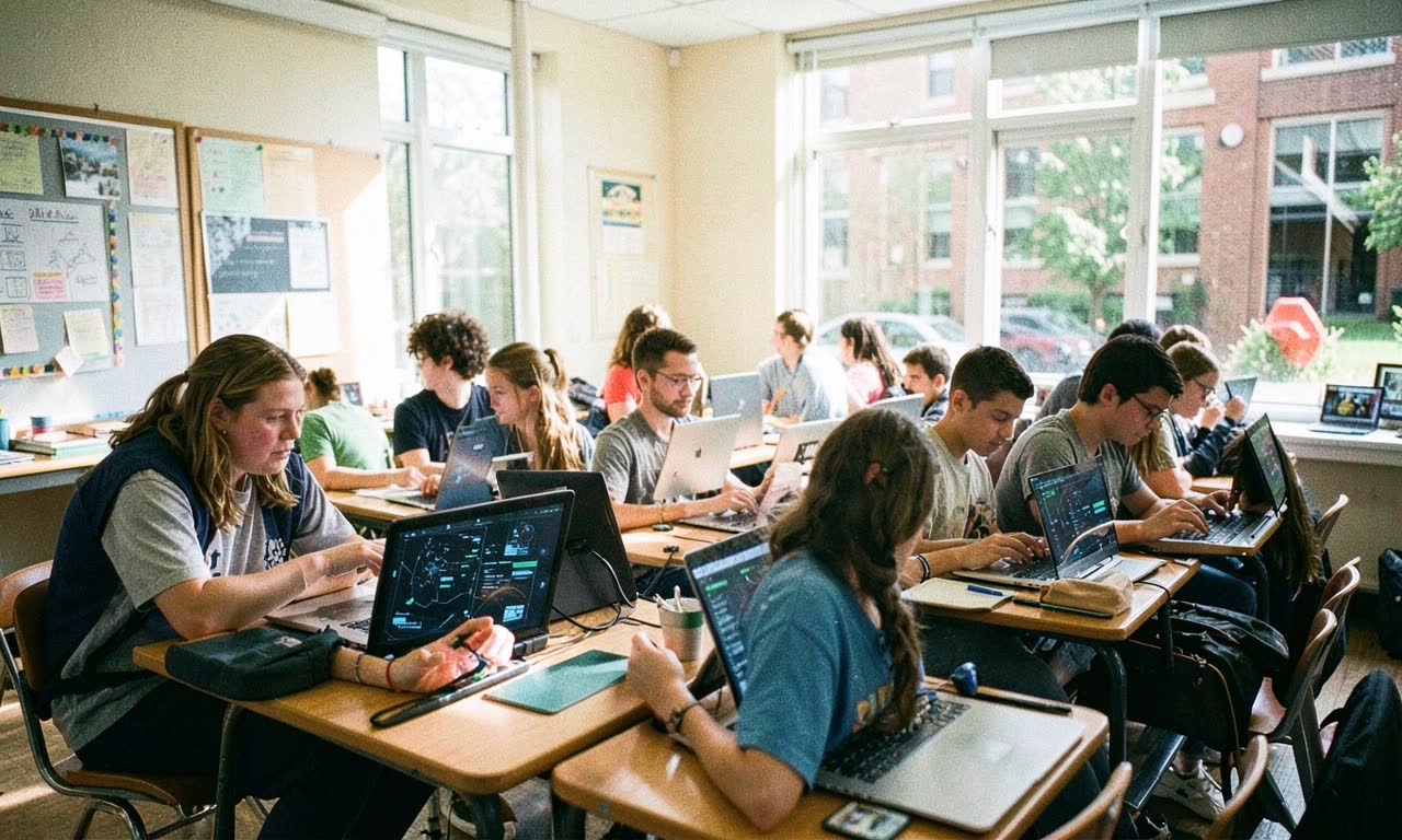 University lecture hall with students working on laptops showing AI code and diagrams