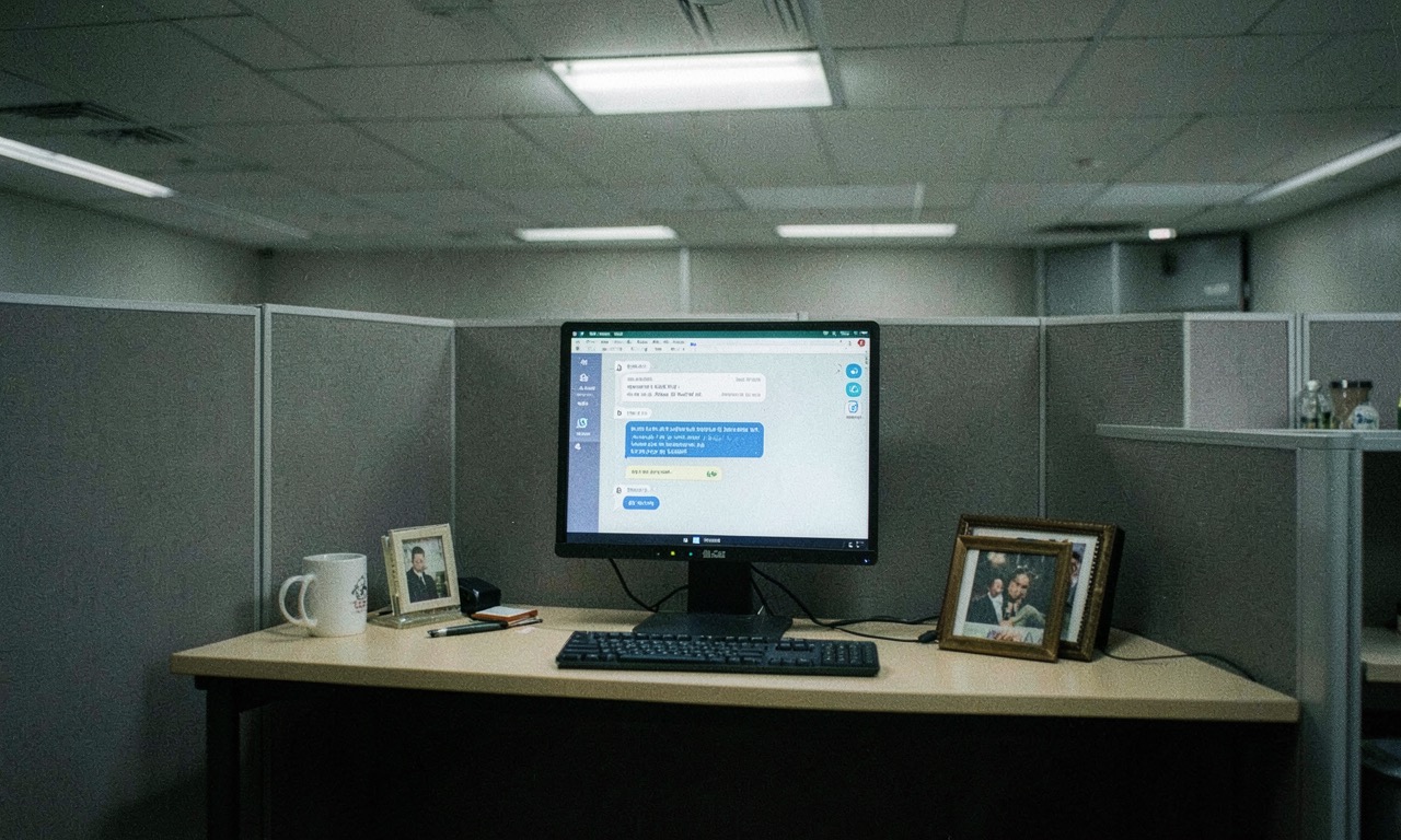 An empty office cubicle with a computer screen showing an AI chatbot, personal items still on the desk, muted fluorescent lighting, documentary style