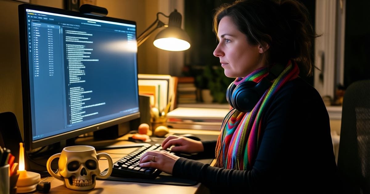 A woman in a colourful scarf reviewing AI chat transcripts on a large monitor at a home office desk at night, warm lamp light, headphones around her neck