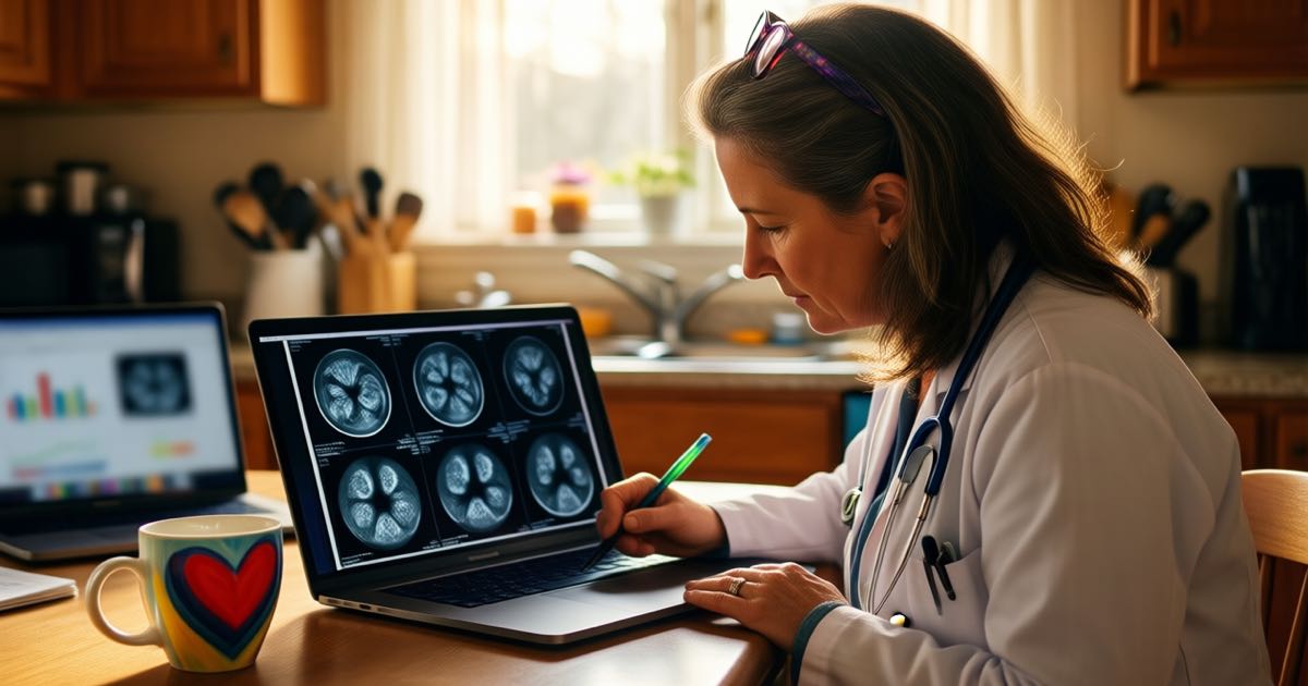 A woman doctor annotating medical scans on a laptop at a kitchen table in a warm home office, reading glasses pushed up on her head, morning light, documentary editorial photography