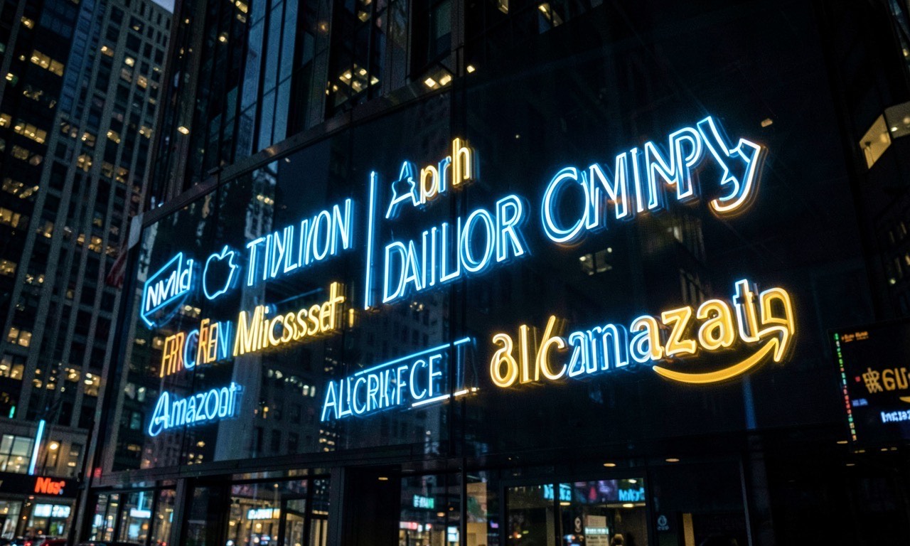 Glowing stock ticker board showing trillion dollar AI company logos in neon blue and gold
