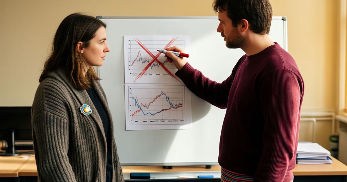 Two economics researchers discussing two printed line charts that cross in an X shape pinned to a university office whiteboard, one in a woollen cardigan with a quirky enamel pin, one holding a red marker, warm morning light, shallow depth of field, documentary editorial photography