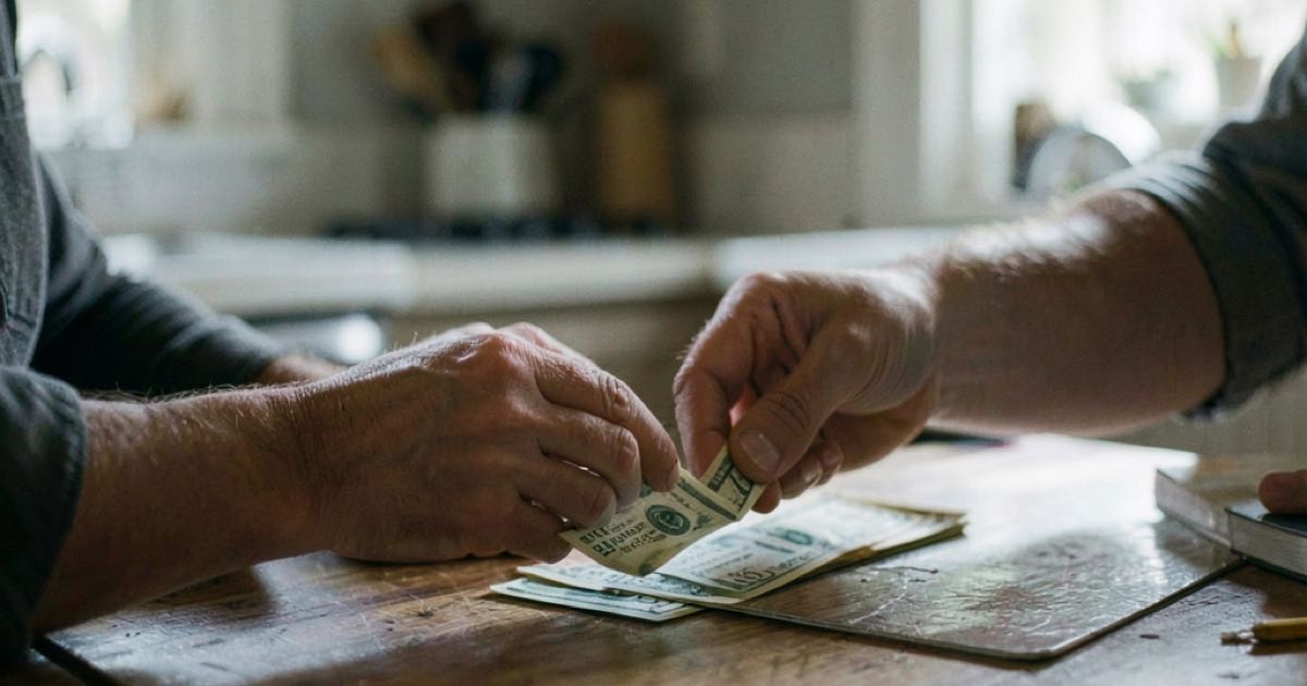 A worker's hands counting cash earnings on a kitchen table, soft natural window light, documentary style, muted tones