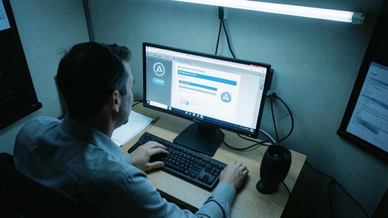 Worker at desk with AI interface displacing tasks on screen — survey data visualization style