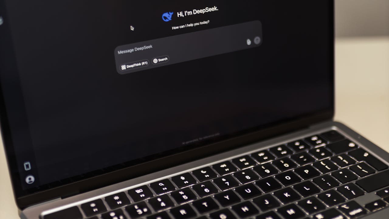 Two AI assistants competing for control of a Mac desktop screen, dramatic split lighting