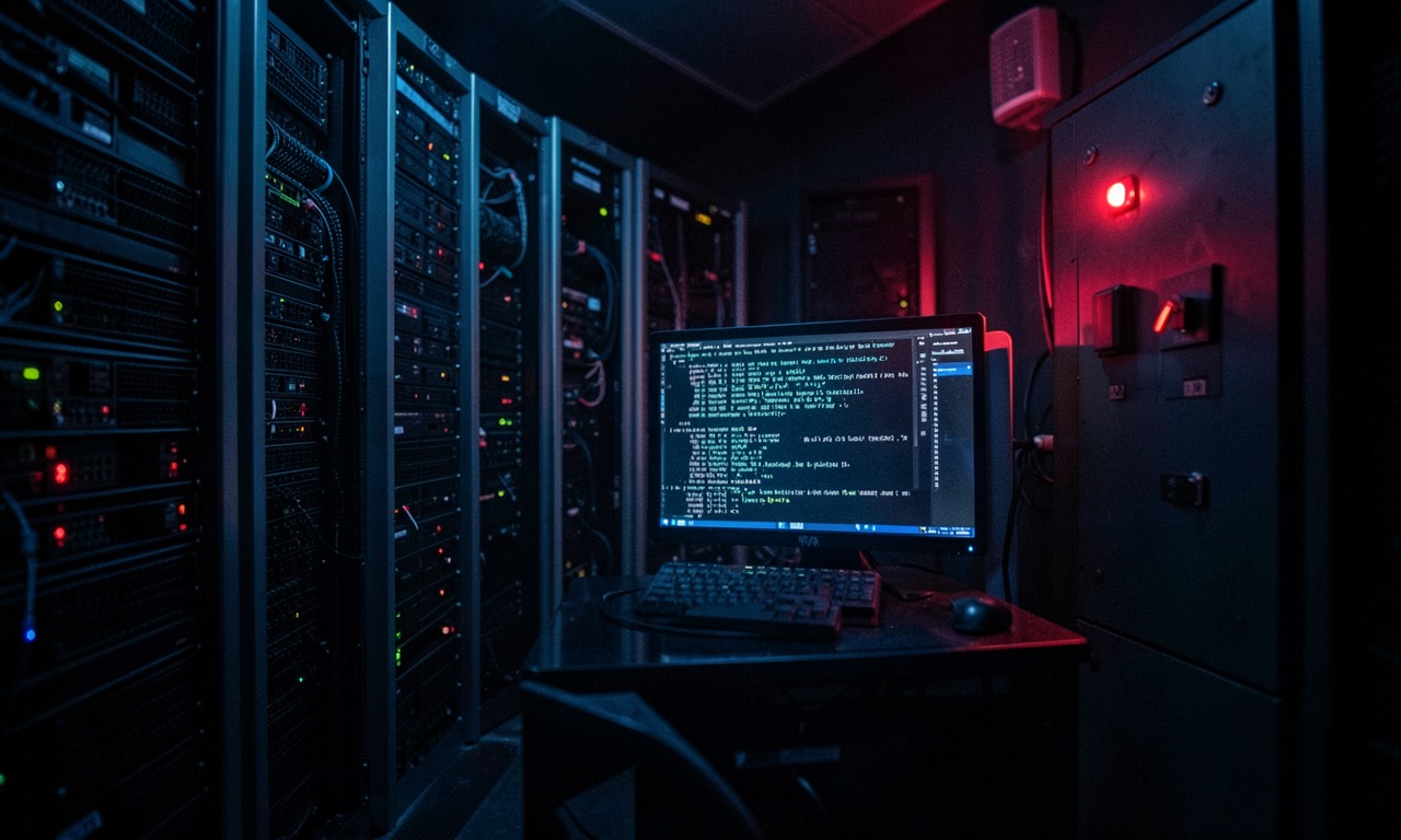 A dark server room with a single terminal screen showing code, red warning indicators, cold security lighting