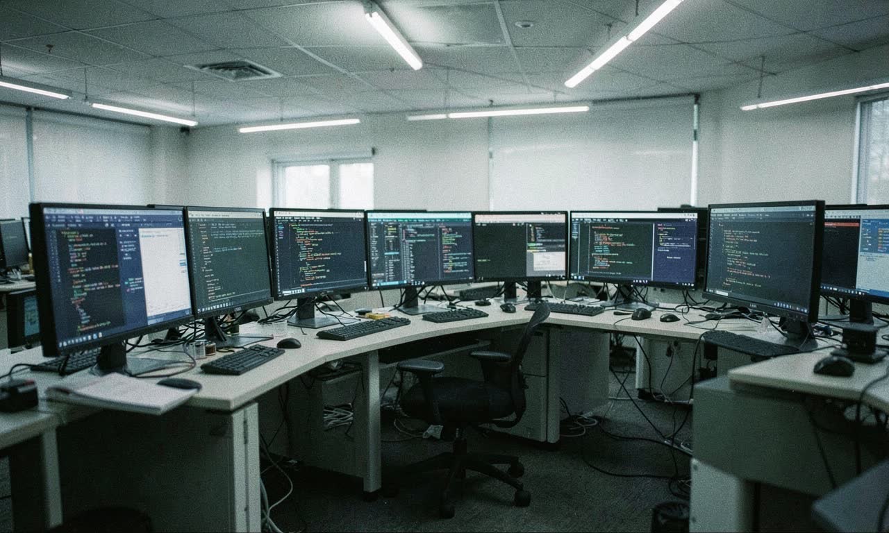 Empty software engineering office with multiple monitors displaying code, cold fluorescent lighting, documentary style