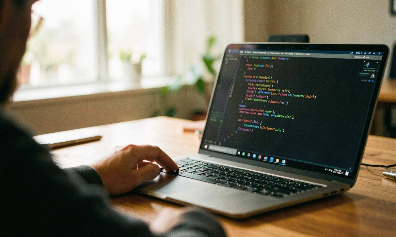 A laptop screen showing AI-generated code with a developer reviewing it in the background, warm office lighting, documentary photography style