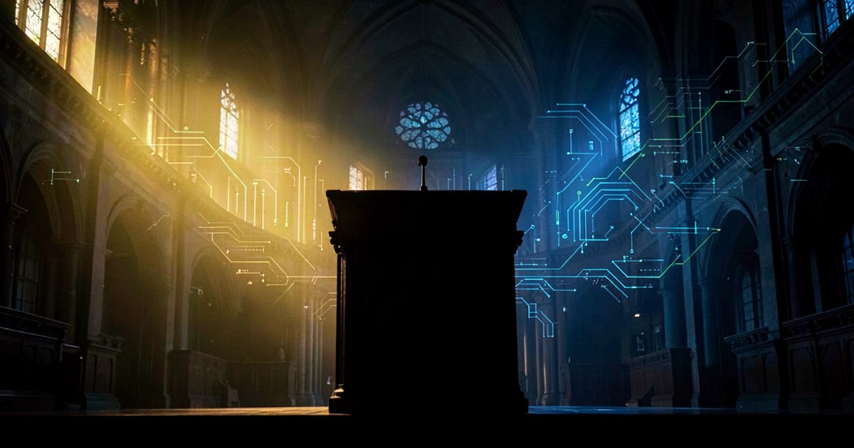 Abstract composition of a government podium silhouette against a dark chamber, warm golden light meeting cool blue electronic light, suggesting a political speech about technology regulation