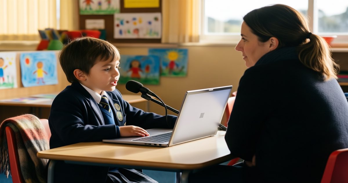 A young child in a school uniform speaks into a laptop microphone at a low classroom desk while a teacher watches from a few metres away, warm afternoon light.