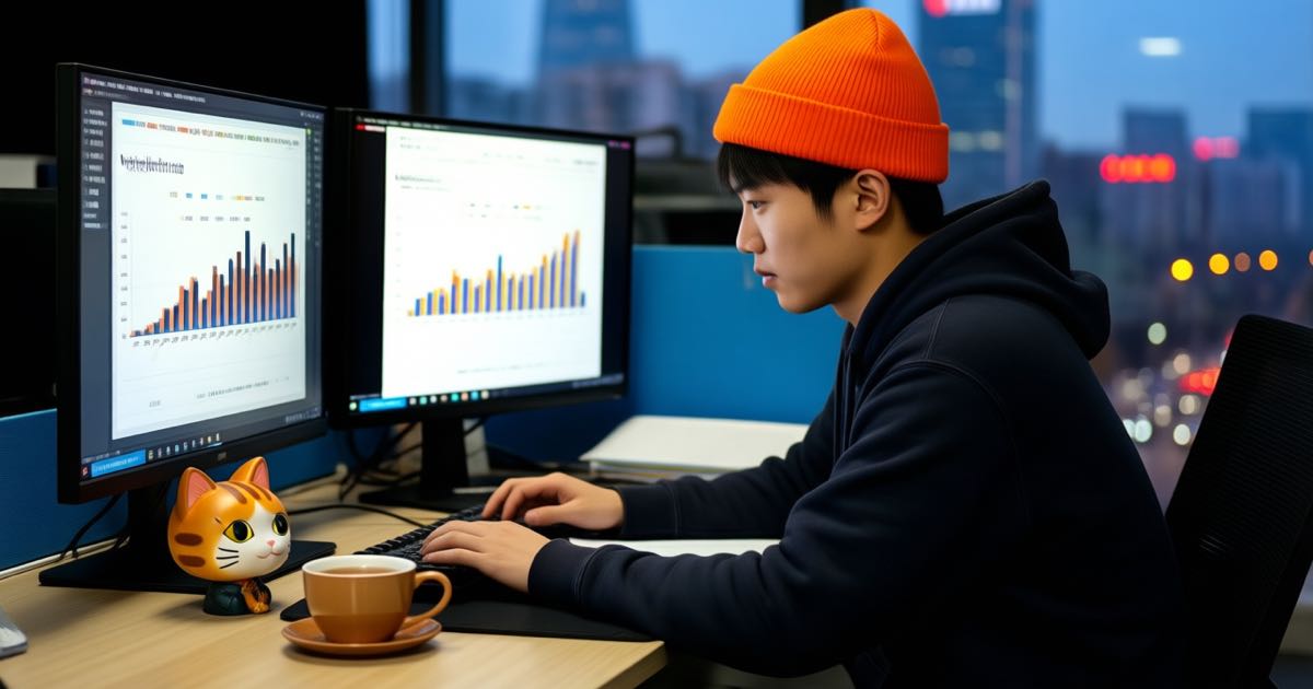 A young engineer in a hoodie and a colourful beanie reviewing evaluation charts on two monitors in a modern Beijing office, dusk light