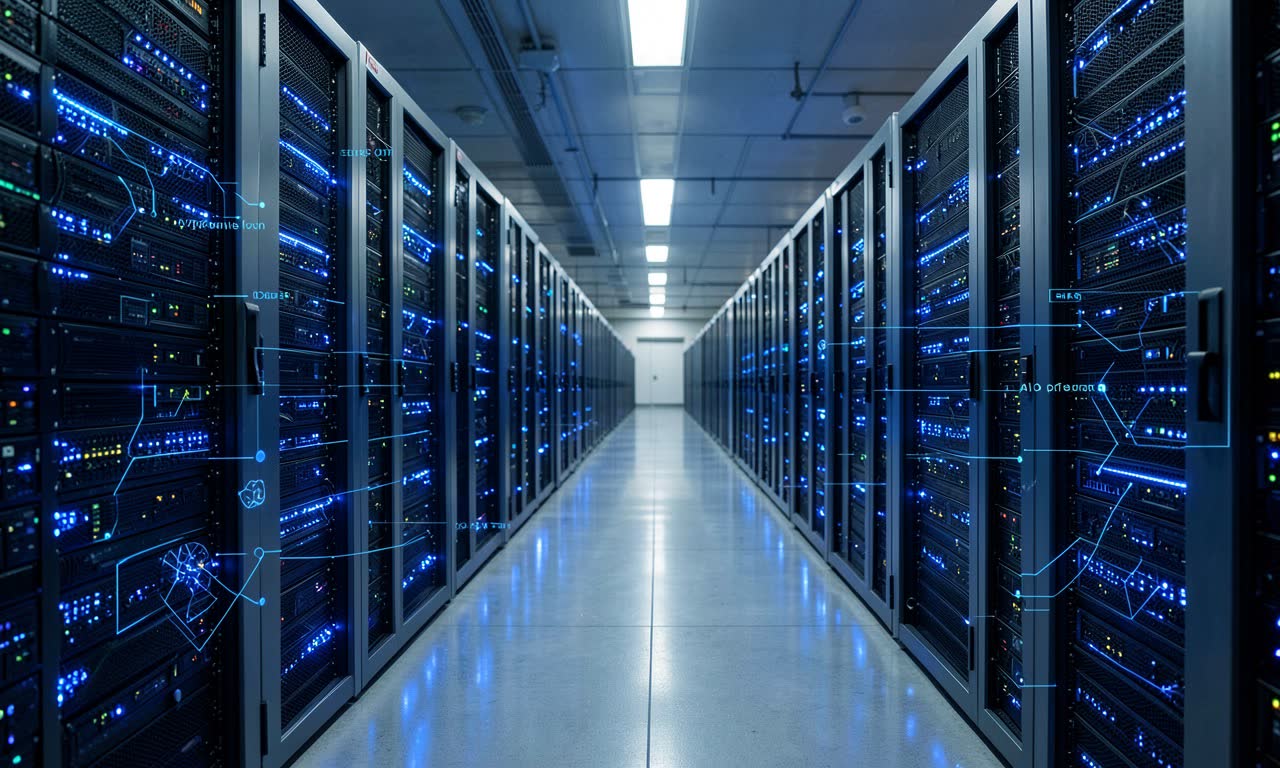 Google data center corridor with blue server lights and AI optimization overlays