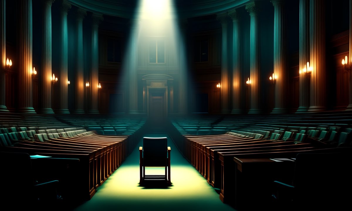 A vast darkened parliamentary hearing room with towering stone columns, a single empty witness chair lit by a dramatic spotlight, rows of empty press seats fading into teal shadow