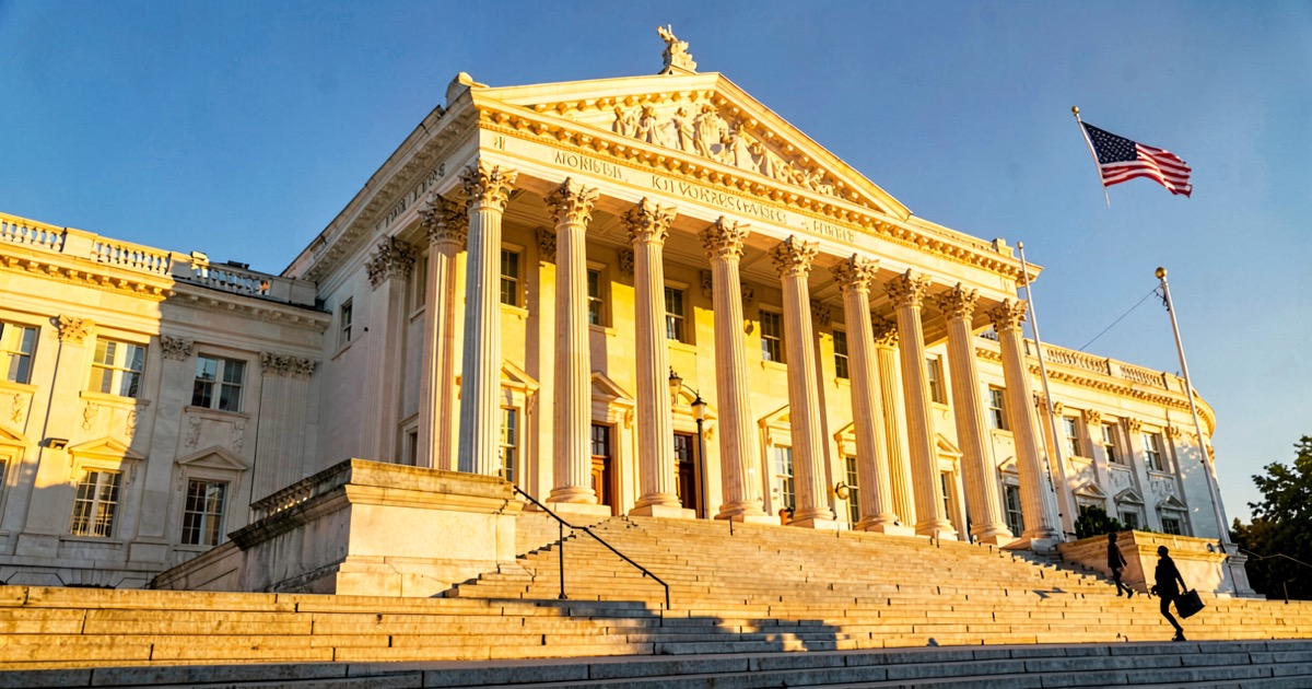 A bright sunlit government building with classical columns and warm golden morning light, a silhouette of a person walking up the steps