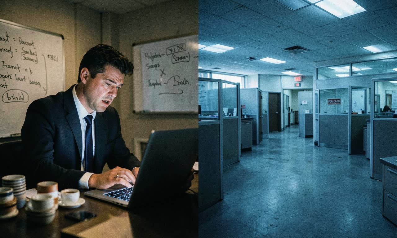 Split view of a executive working through the night at a glowing laptop versus an abandoned office building with a for lease sign