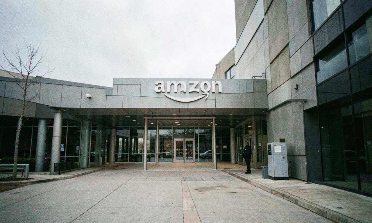 An Amazon corporate campus entrance with empty walkways and a single security guard, overcast sky, documentary style