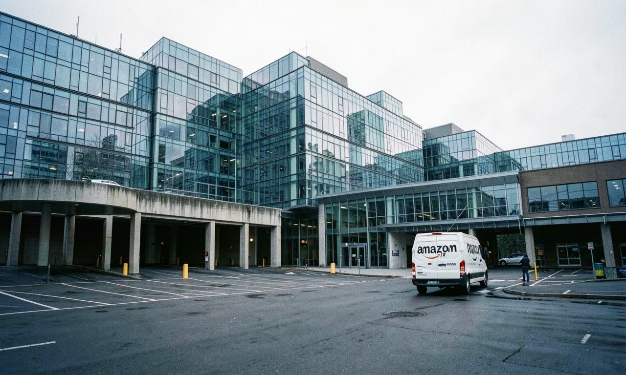 Amazon corporate campus buildings with empty parking garage and a single delivery van, overcast morning, documentary photography