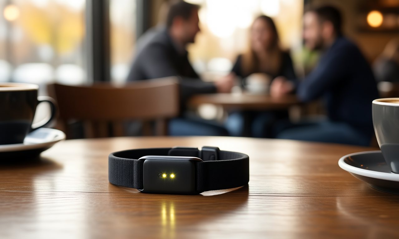 A wrist-worn AI listening device with a small glowing indicator light sits on a cafe table in a busy, softly blurred conversation scene.