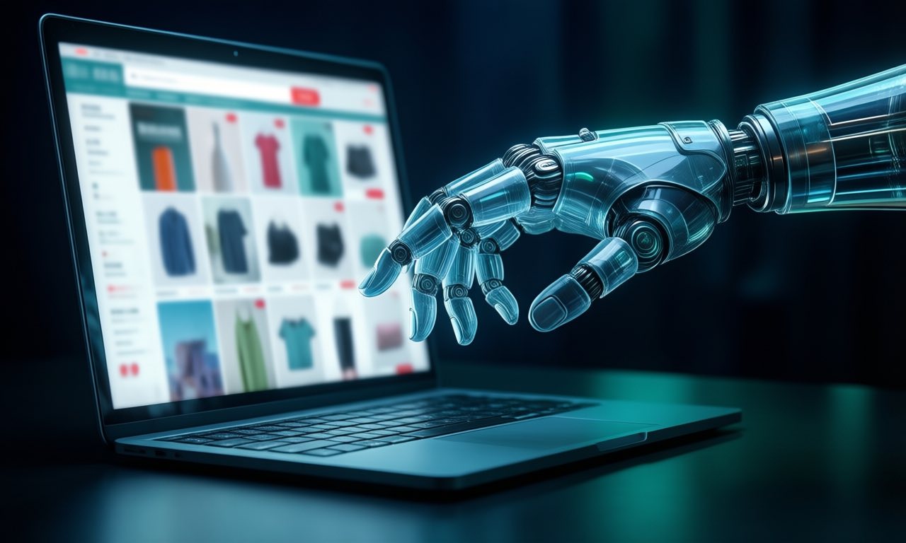 A glowing robotic hand hovering above a laptop showing a grid of online store products, dark blue ambient lighting, no text