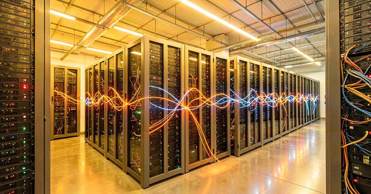 A bright modern data center interior with rows of servers lit by warm golden light, abstract glowing network connections streaming between racks