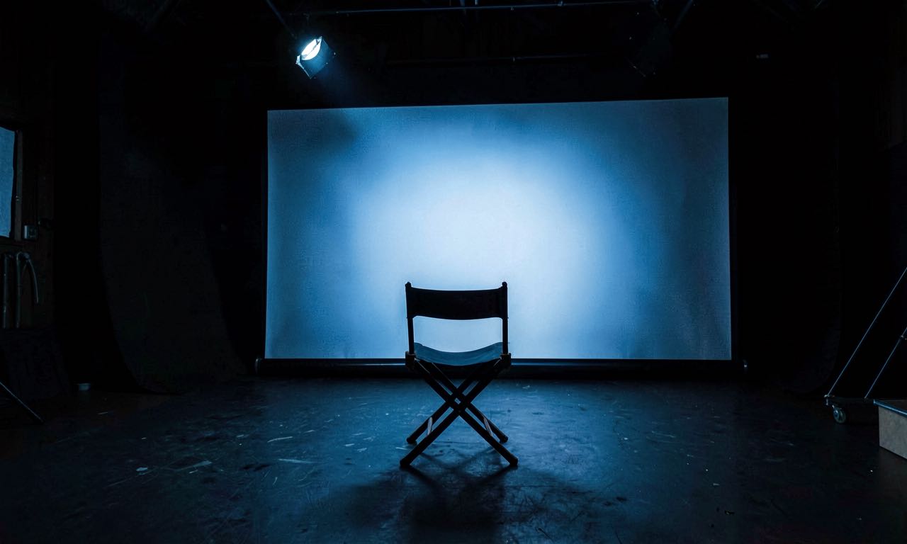 A darkened film set with a single director's chair facing an empty screen, lit by cold blue light