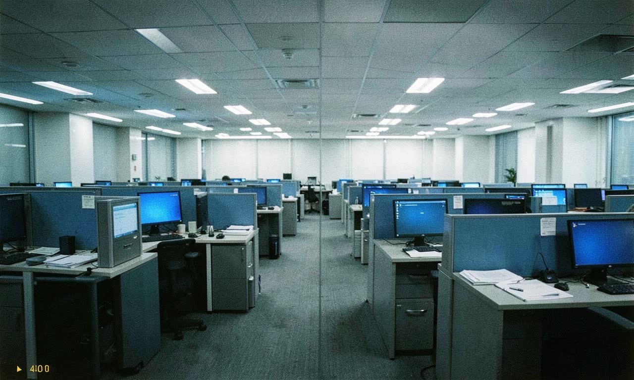 Empty office cubicles with monitors still glowing, overhead fluorescent lights, documentary photography style