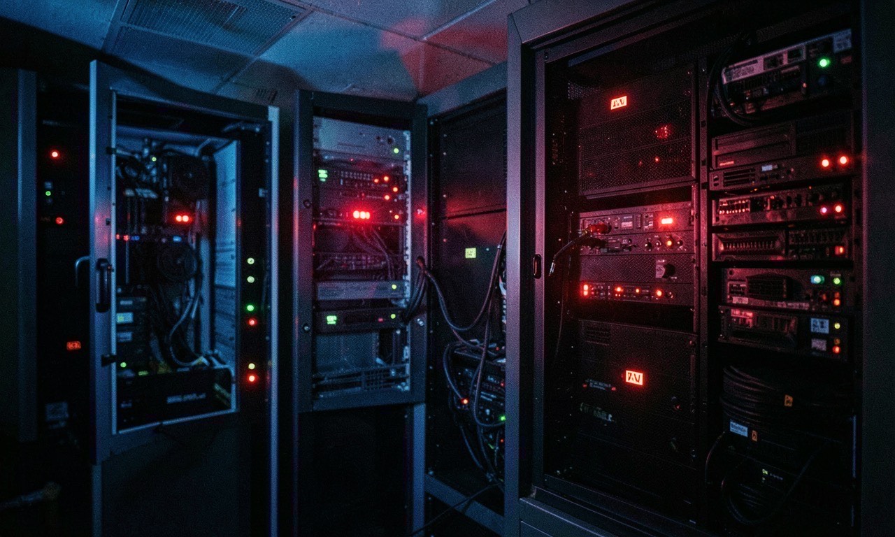 Server room with red warning lights on monitoring screens, cold blue lighting, photojournalistic style