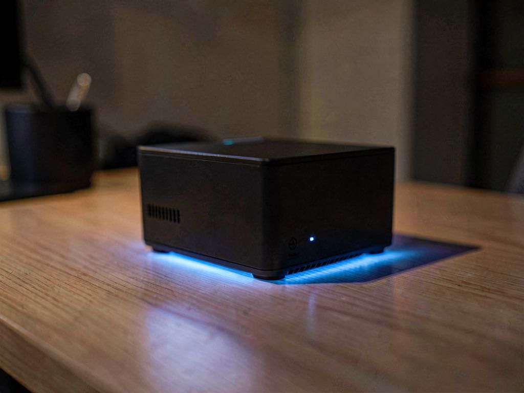 A small matte-black mini PC sits on a clean wooden desk with a single soft blue standby LED glowing, two cables trailing off the back, no visible brand text, dim warm room light, photorealistic