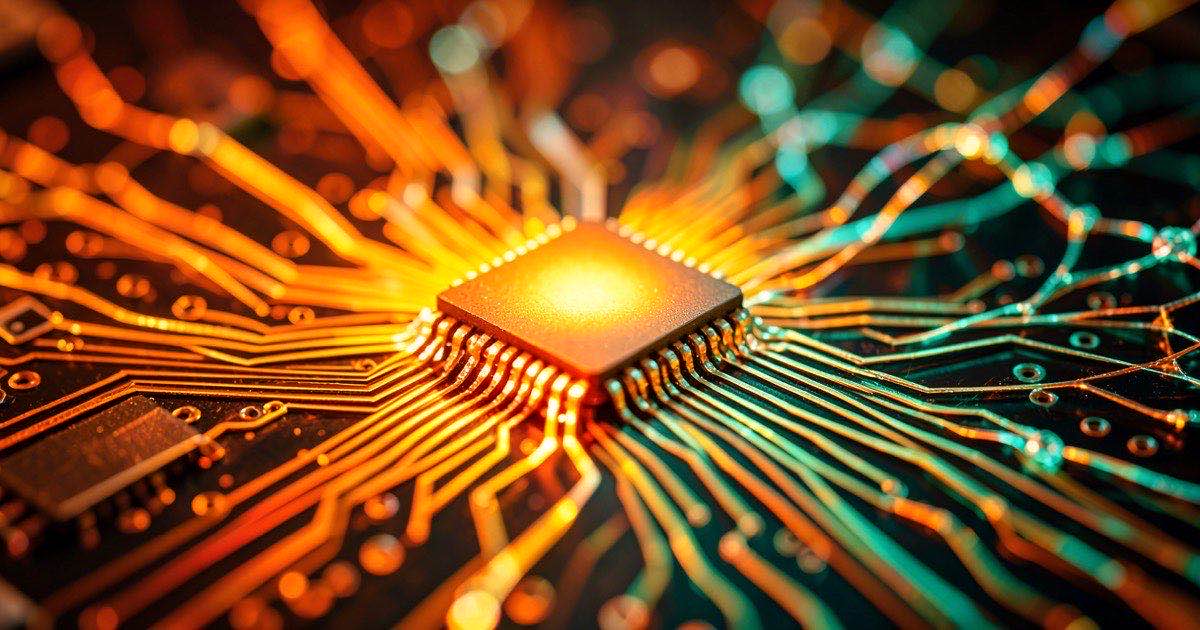 A glowing silicon microchip on a bright circuit board, warm golden light, circuit traces flowing into neural network patterns, vibrant orange and teal tones.