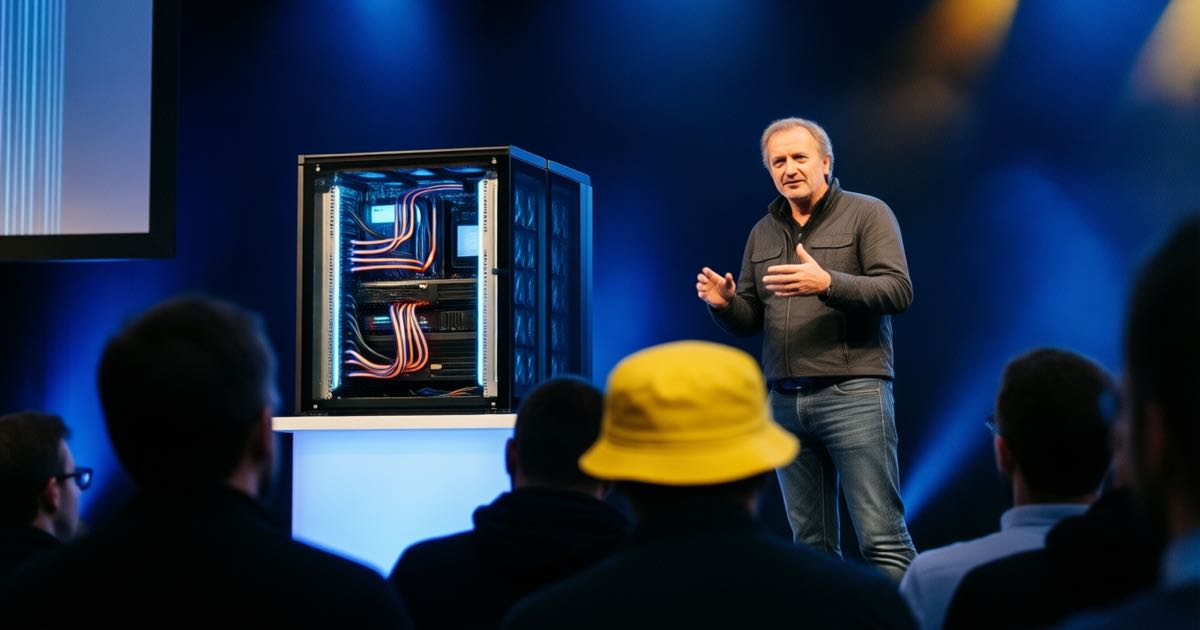 A keynote presenter at a Berlin tech trade show gesturing toward a large liquid-cooled workstation tower with glowing coolant lines, audience silhouettes in the foreground