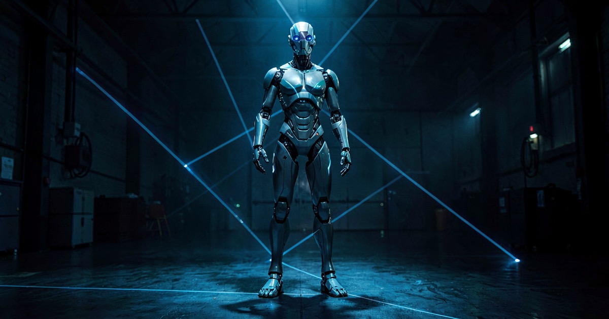 A humanoid robot standing motionless in a dimly lit factory floor, abstract blue light tracing geometric planes across its frame, no text or logos