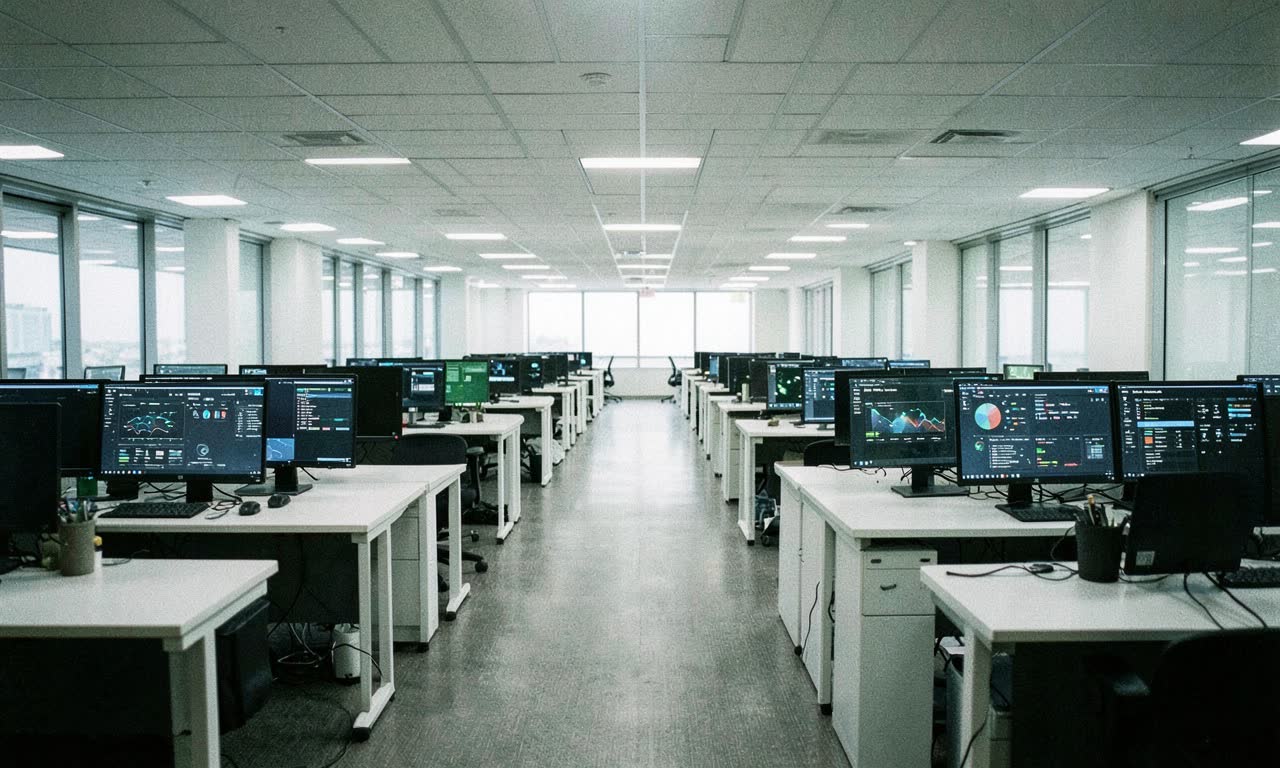 An empty corporate office with rows of vacant desks and monitors displaying AI dashboards, cold fluorescent lighting, documentary style