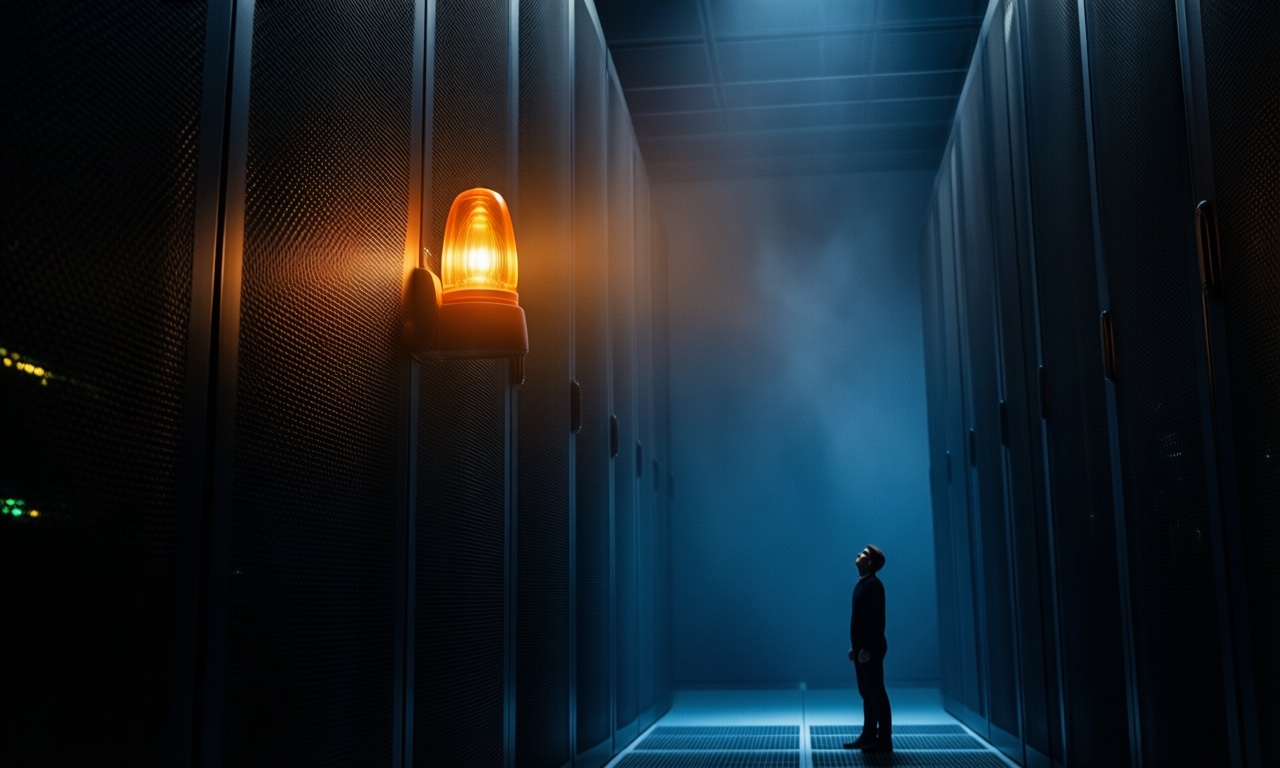 A single amber warning light glowing on a vast dark data centre wall at night, one small human silhouette standing far below looking up, deep blue shadows and volumetric haze