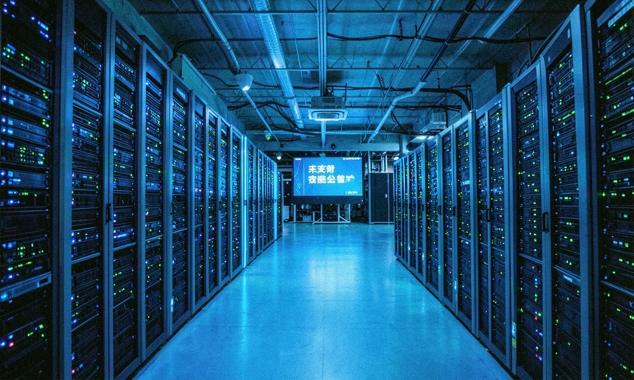 Data center with GPU servers and display showing Chinese AI model branding
