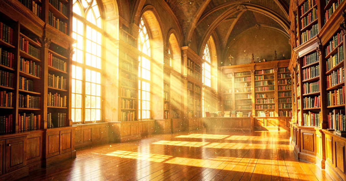 A bright sunlit library with warm golden light streaming through tall windows, stacks of books casting long shadows on polished wood floors, vibrant and inviting, no text visible