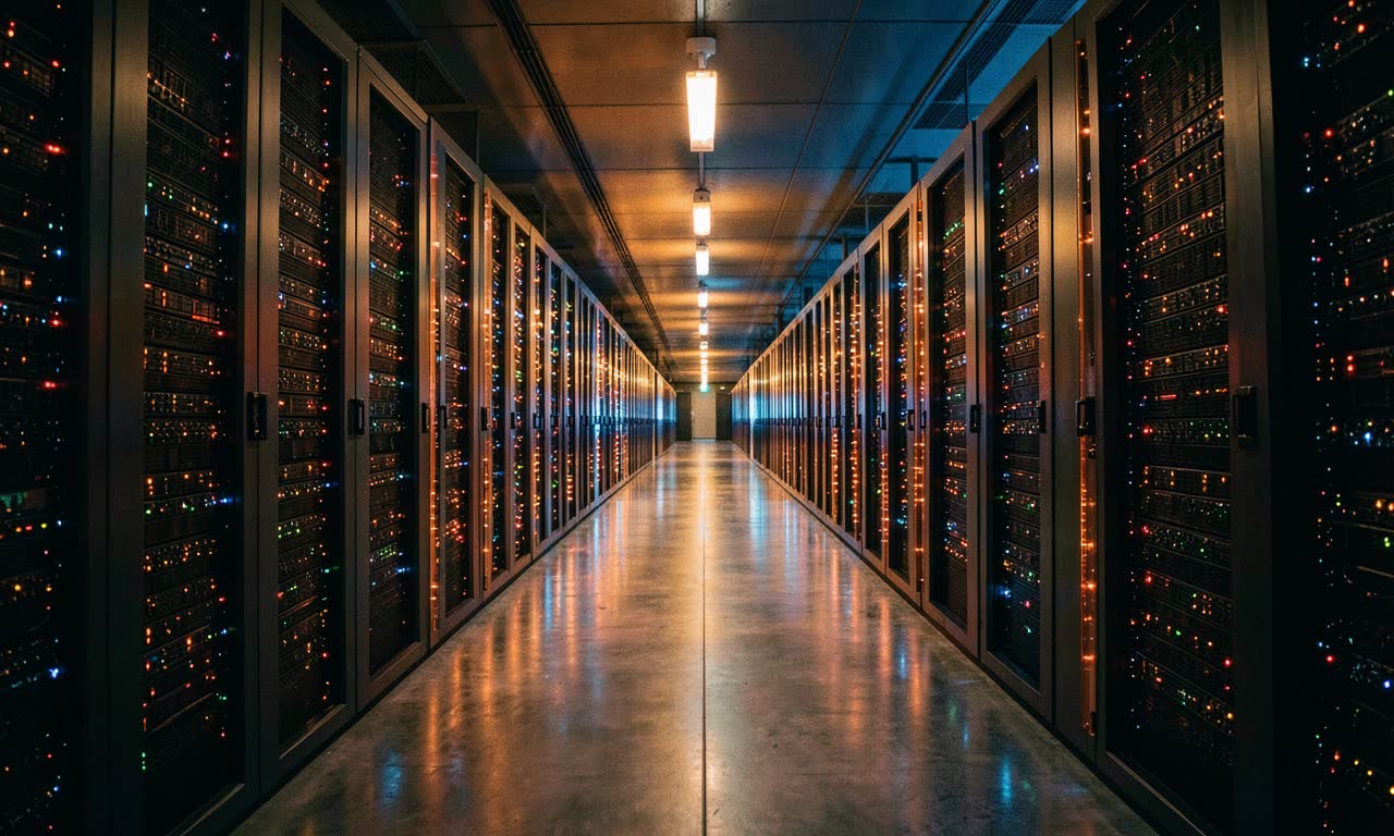 Glowing server racks in a massive data center corridor, representing Anthropic's infrastructure expansion
