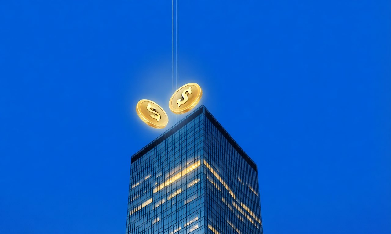 A glass corporate tower at dusk with one floor softly lit and two translucent golden share tokens floating above it, a thin climbing line rising behind.