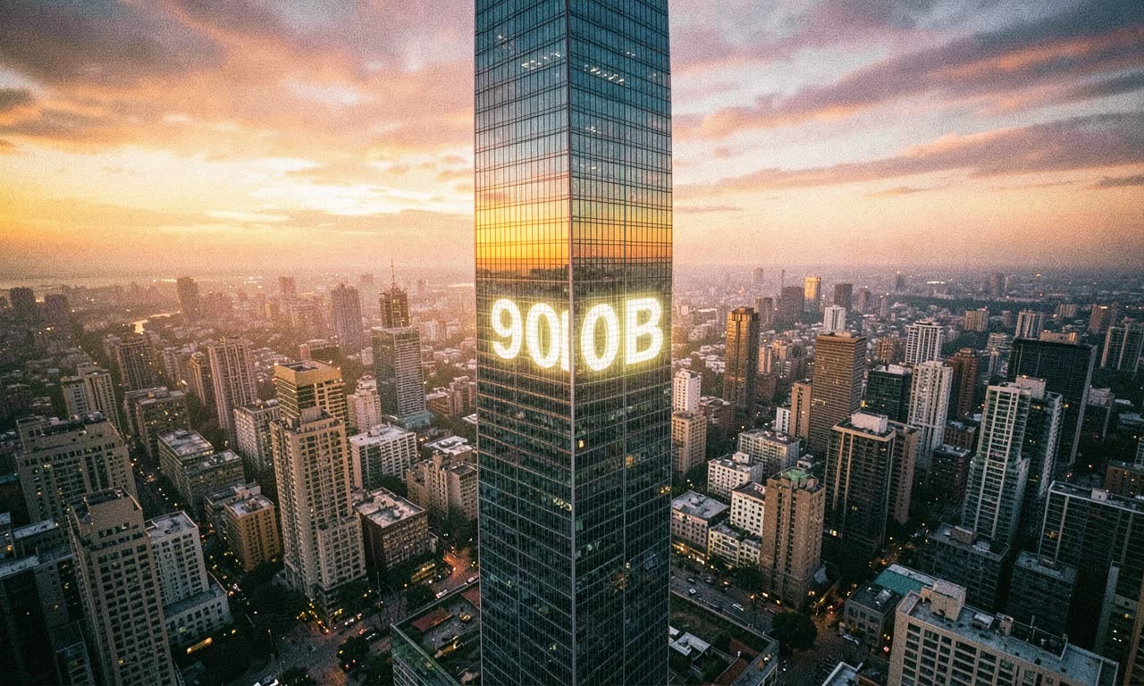 Glowing skyscraper with 900B projected on its surface, surrounded by smaller buildings at sunset