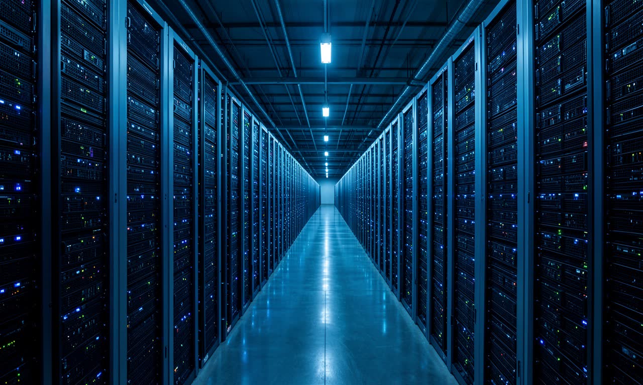 Anthropic data center with blue lighting, servers stretching into the distance